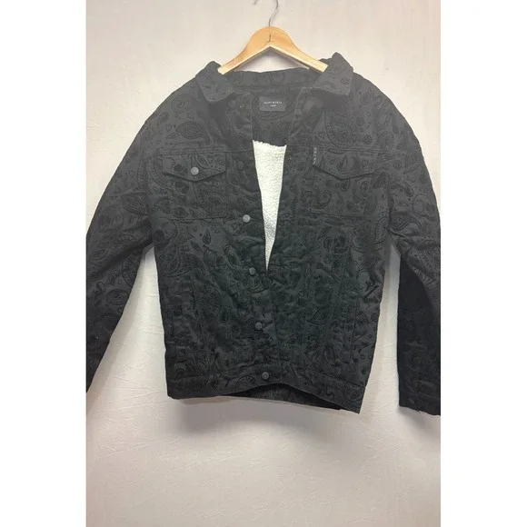 Saint Morta Button Front Sherpa Jacket Mens Black Paisley Skulls Pockets Large